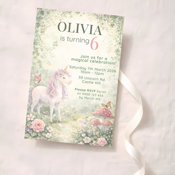 Woodland Unicorn Birthday Invitations | Personalised Enchanted Party Invites - Sticksy Prints Australia